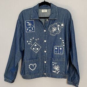 Teddi Women’s Vintage Denim Embroidered Jacket‎ Size XL Mother Pearl Buttons